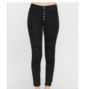 Black Button Distressed Jeans